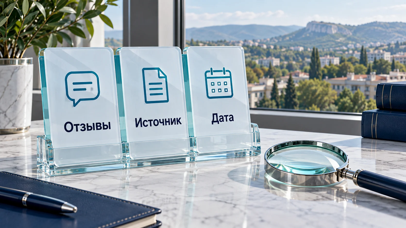 Стеклянные карточки «Отзывы», «Источник» и «Дата»